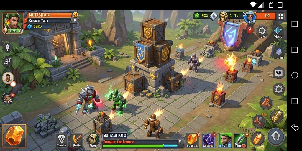 Tampilan gameplay <strong>MUTASITOTO</strong> sedang beraksi dalam pertarungan Tower Defense.