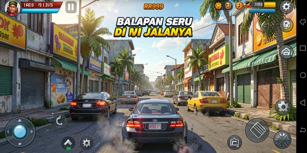 Gameplay RR999 yang mendebarkan dengan mobil balap cepat.